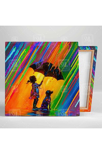 SML TABLO Fetiță și câinele ei care stau sub umbrelă sub picături de ploaie colorate Pictură pătrată pe pânză