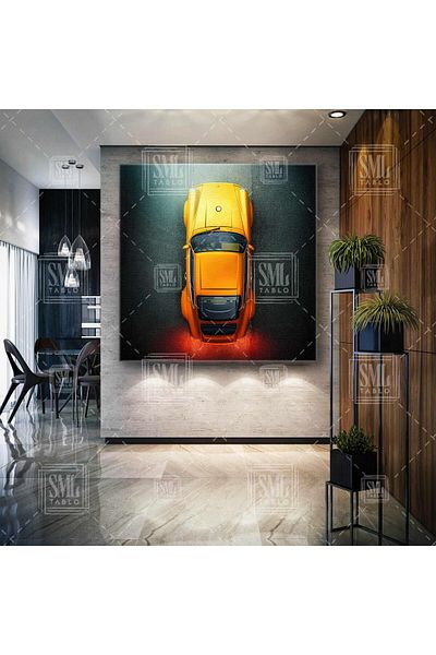 SML TABLO Pictură pe pânză pătrată legendară mașină clasică Porsche galbenă pe asfalt