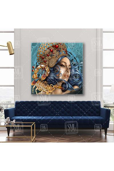 SML TABLO Scorpio Zodiac Blue Haired Woman και Gold Red Sphere Ethnic Crown Τετράγωνος πίνακας σε καμβά