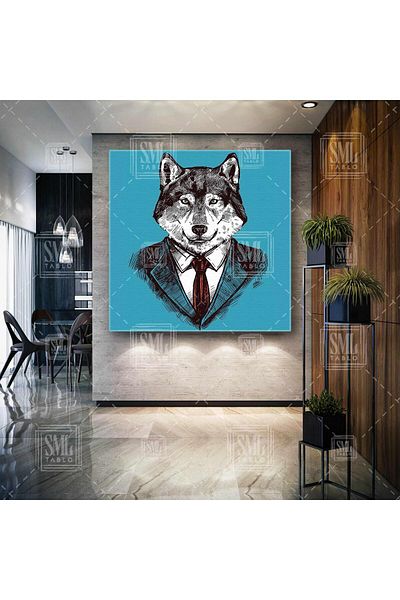SML TABLO Wolf in Suit Illustration Business Wolf Τετράγωνος πίνακας σε καμβά