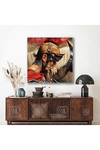 SML TABLO Gladiator Warrior Decor Pătrat Pictură pe pânză cu cască cu pene și cal cu păsărică albă