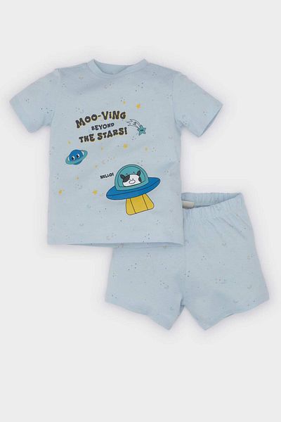 DeFacto Baby Boy Pajama Set Printed Short Sleeve Combed Cotton Top Elastic Waist Shorts E1184A525Hs