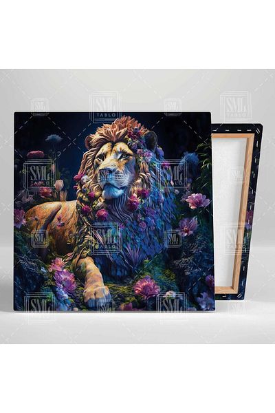 SML TABLO Lion Charismatice așezat într-un tablou pătrat de pânză în grădina de flori