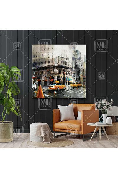 SML TABLO Taxi care trec prin stradă Street Watercolor Look Square Canvas Painting