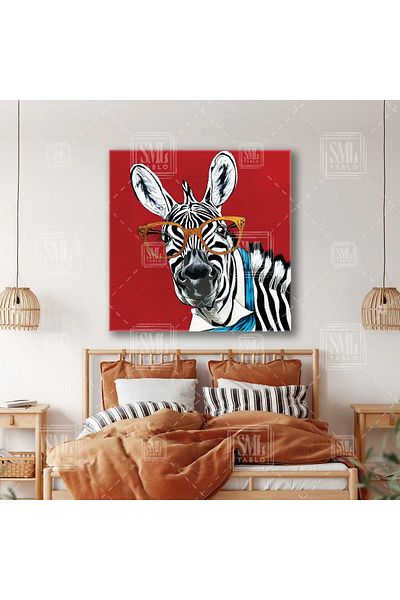 SML TABLO Zebra drăguță Animal cu ochelari galbeni și eșarfă albastră Pictură pe pânză pătrată