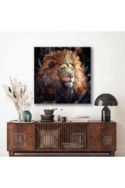 SML TABLO Noble Lion King of the Forest Φύλλα χρυσού στέμματος και λουλούδια Φανταστικό τετράγωνο ζωγραφική σε καμβά