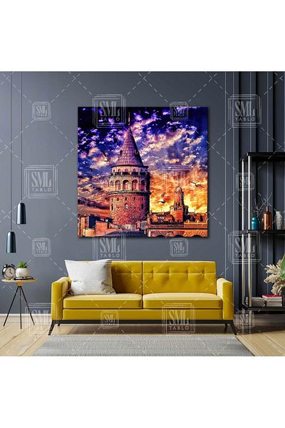 SML TABLO Turnul Galata Peisaj de apus de soare Păsări Decorare Pictură pătrată pe pânză