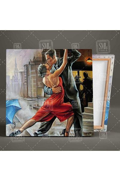 SML TABLO Μπλε ομπρέλα ζευγάρι που χορεύει το Tango στο δρόμο Τετράγωνος πίνακας σε καμβά