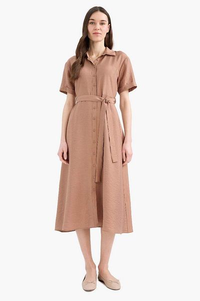 DeFacto New Season Regular Fit Shirt Collar Belted Short Sleeve Maxi Dress