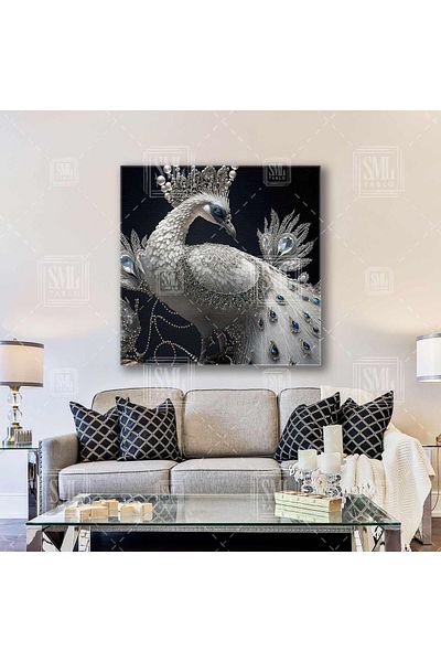 SML TABLO Διακοσμημένο με πολύτιμους λίθους Peacock Sapphire Pearl Crystal Noble Bird Τετράγωνος πίνακας σε καμβά