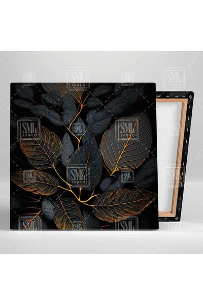 SML TABLO Pictură decorativă pătrată pe pânză cu frunze negre îngropate cu aur