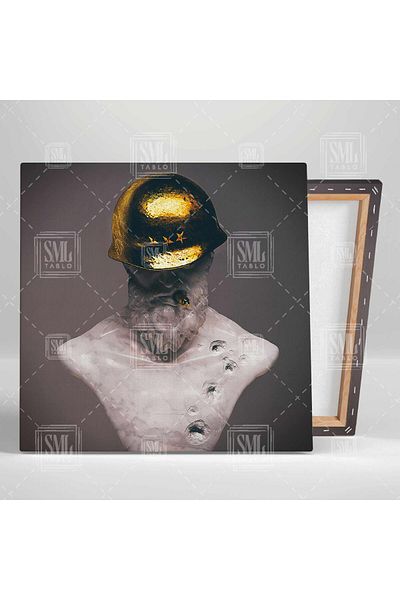 SML TABLO Bust de soldat din marmură albă cu cască de aur Decor modern Pictură pătrată pe pânză