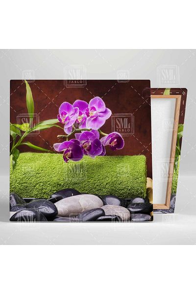 SML TABLO Orhidee violet Pietre de spa Frunze de bambus Pictură pătrată pe pânză