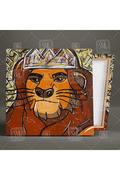SML TABLO The Leon King King Crowned Lion Illustration Χρυσό Λεπτομερές Ζωικό Τετράγωνο Πίνακας σε καμβά