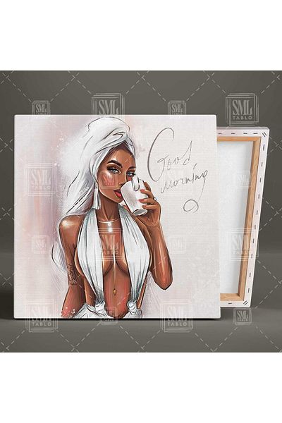 SML TABLO Femeie cool care băută cafea Ilustrație Good Morning Square Canvas Painting