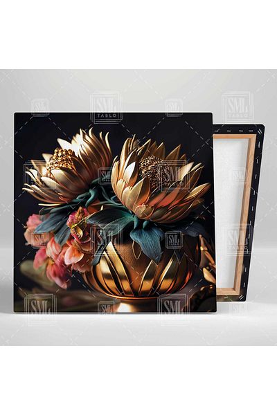 SML TABLO Buchet de flori aurii într-o vază cu detalii aurii Pictură decorativă pătrată pe pânză