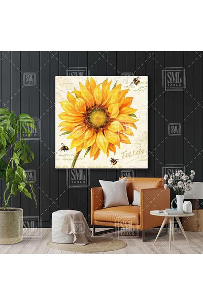 SML TABLO Sunflower Sunflower Large Flower Bees Vintage Διακοσμητικό Τετράγωνο Πίνακας σε καμβά