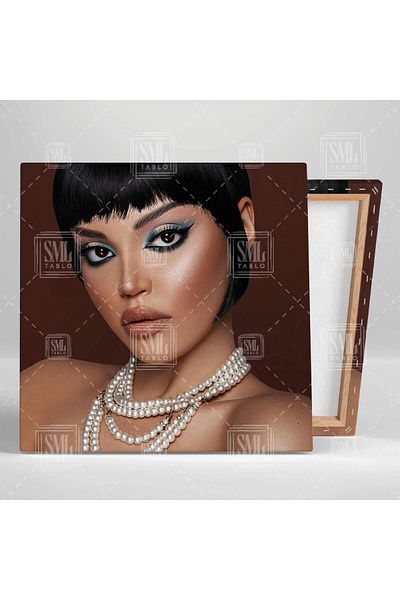 SML TABLO Vintage Make Up Κομμωτήριο Τετράγωνο Καμβάς ζωγραφικής με μακιγιάζ μαργαριτάρι κολιέ σε μπλε τόνους