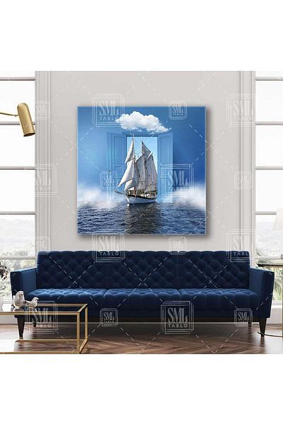 SML TABLO Navă cu vele Deschidere în mare Blue Door Square Canvas Painting