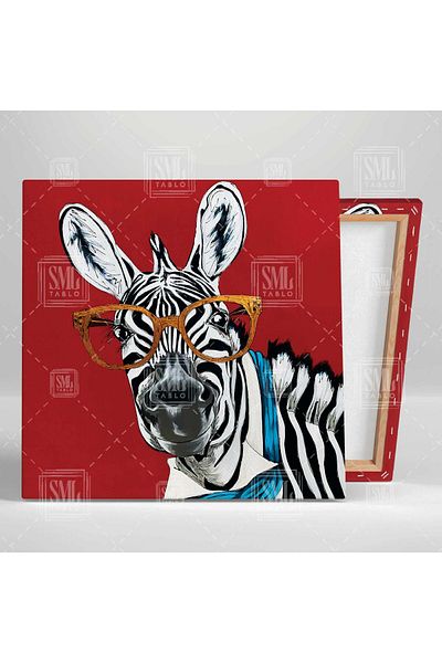 SML TABLO Zebra drăguță Animal cu ochelari galbeni și eșarfă albastră Pictură pe pânză pătrată
