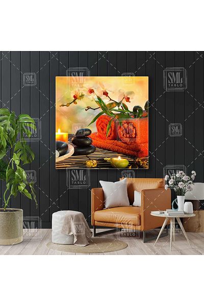 SML TABLO Zen Stones Orange Towel Orchid Candle Spa Massage Center Οριζόντια ζωγραφική σε καμβά