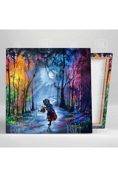 SML TABLO O fată care lasă urme de vopsea în interiorul pădurii colorate Moonlight Canvas Painting Square Canvas Painting