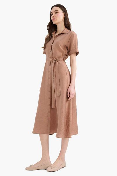 DeFacto New Season Regular Fit Shirt Collar Belted Short Sleeve Maxi Dress