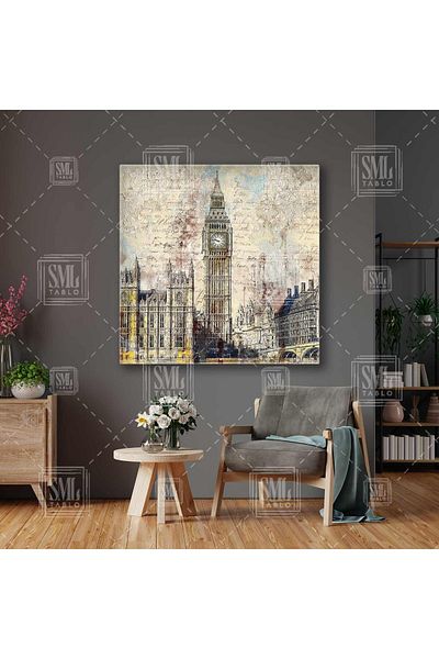 SML TABLO London Cityscape Νοσταλγικό Πίνακας Καμβά Τετράγωνο Κτίρια του Λονδίνου