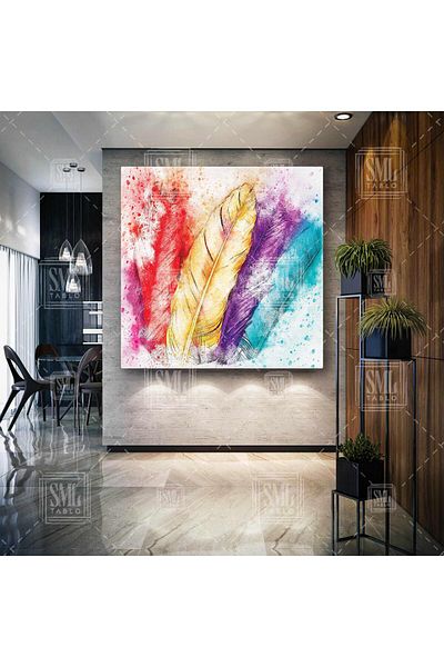 SML TABLO Efect de acuarelă Pene de pasăre Decor animal Pictură pătrată pe pânză