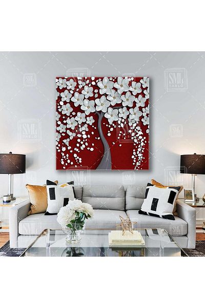 SML TABLO Pictură decorativă pătrată din pânză cu copac floral alb cu detalii aurii