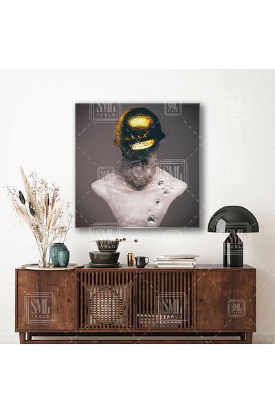 SML TABLO Bust de soldat din marmură albă cu cască de aur Decor modern Pictură pătrată pe pânză