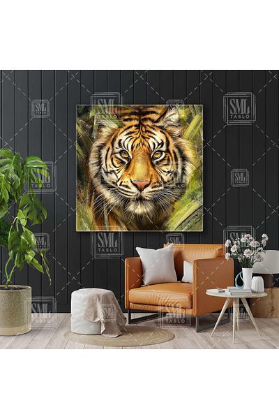 SML TABLO Tiger in the Forest Digital Art Brush Traces Nature Διακοσμητικό Ζωγραφική σε καμβά με τετράγωνο ζώο
