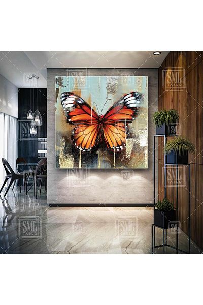 SML TABLO Pictură pătrată pe pânză cu decor fluture portocaliu cu detalii aurii