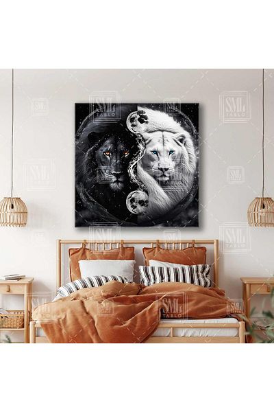 SML TABLO King of the Jungle Lion Αντίθεση Φωτιά και Νερό Nature Balance Τετράγωνος πίνακας σε καμβά