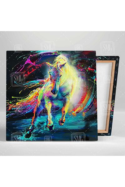SML TABLO Cai alb care alergă cu coada colorată Culorile neon Animal nobil Pictură pe pânză pătrată