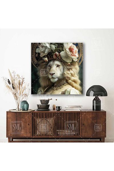 SML TABLO Pictură pătrată pe pânză cu coroană de flori albe și accesorii aurii