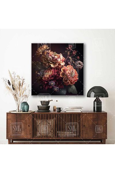 SML TABLO Πορτοκαλί Floral Πακέτο Ορτανσία Τριαντάφυλλο Διακοσμητικό Τετράγωνο Πίνακας Καμβά