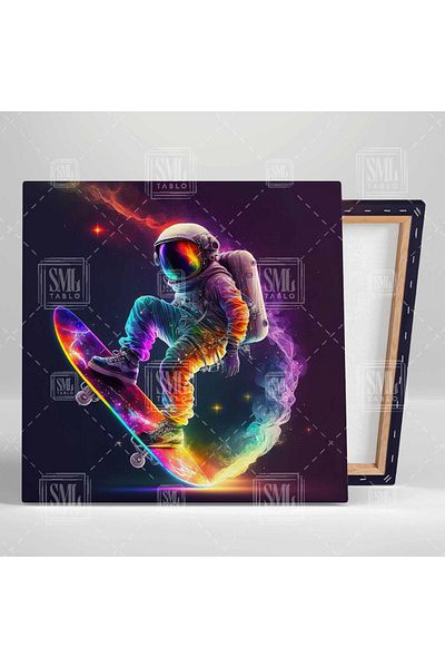 SML TABLO Skateboarding Astronaut Skater Around the Smoke Τετράγωνος πίνακας σε καμβά