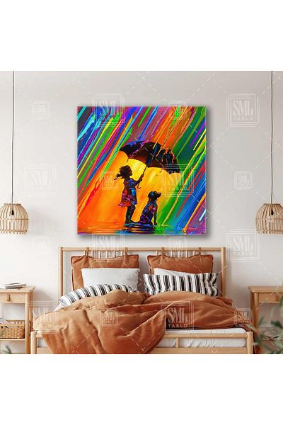 SML TABLO Fetiță și câinele ei care stau sub umbrelă sub picături de ploaie colorate Pictură pătrată pe pânză