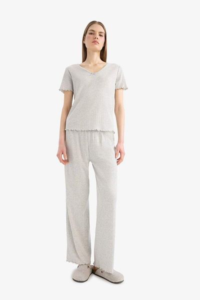 DeFacto Regular Fit Pajama Set Short Sleeve Top Long Bottom-Fall in Love E9229Ax25Sp