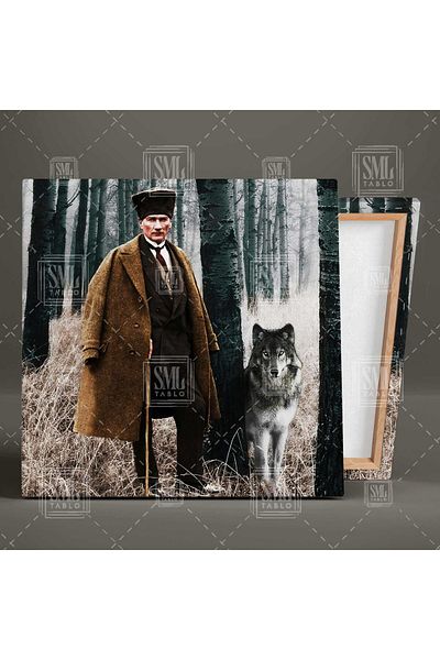 SML TABLO Mustafa Kemal Atatürk Noble Wolf în pădure Pictură pe pânză pătrată
