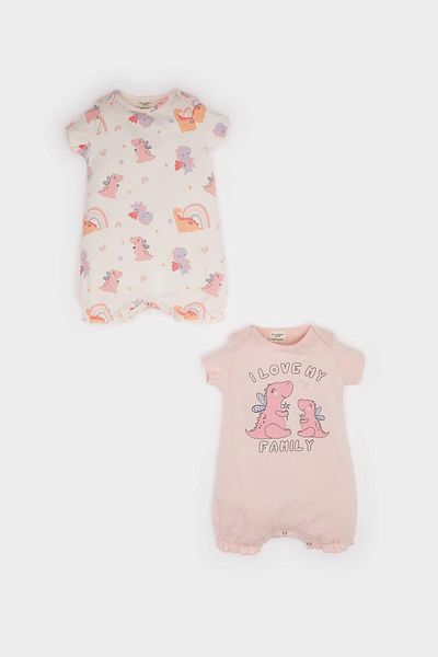 DeFacto Baby Girl Newborn Dinosaur Printed Combed Cotton 2-Piece Short Sleeve Jumpsuit E4023A525Sm
