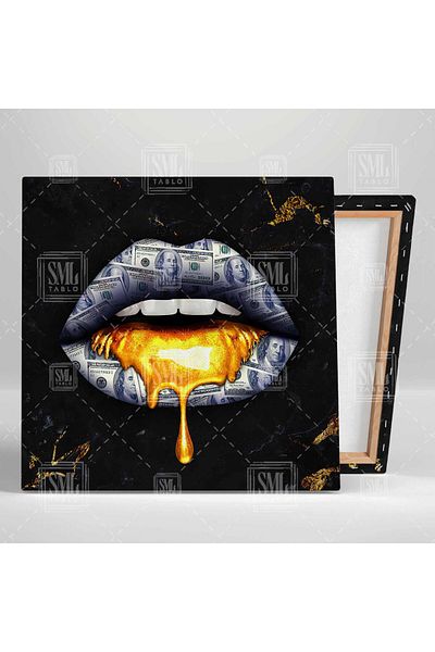 SML TABLO Dollar Fancy Lip Gold Ruj și Marmură Neagră Pătrată Pictură pe Pânză cu Detaliu Aur
