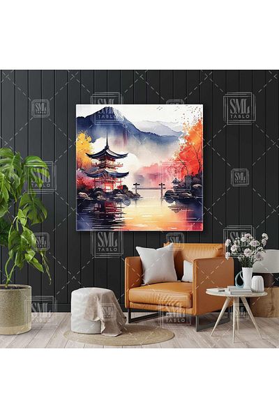 SML TABLO Peisaj de munte și lac Case japoneze Natură Pictură pătrată pe pânză
