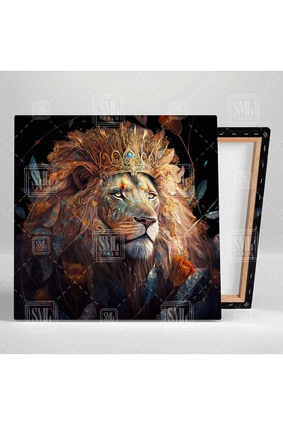 SML TABLO Noble Lion King of the Forest Φύλλα χρυσού στέμματος και λουλούδια Φανταστικό τετράγωνο ζωγραφική σε καμβά
