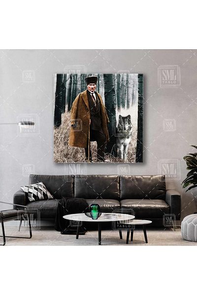SML TABLO Mustafa Kemal Atatürk Noble Wolf în pădure Pictură pe pânză pătrată