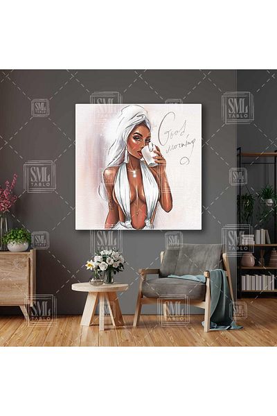 SML TABLO Femeie cool care băută cafea Ilustrație Good Morning Square Canvas Painting