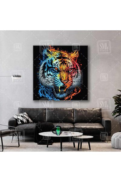 SML TABLO Albastru Portocaliu Roșu Roaring Tiger Graffiti Art Pictură pătrată pe pânză