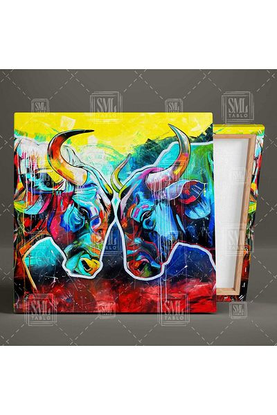 SML TABLO Head to Head Two Bulls Abstract Charismatic Animal Square Canvas Painting