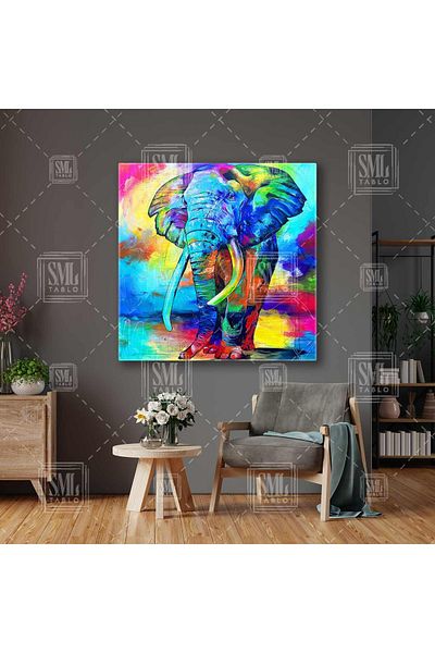 SML TABLO Ilustrație de elefant albastru cu efect de acuarelă Pictură pătrată pe pânză